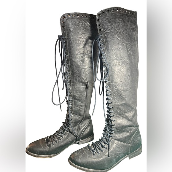 FREE PEOPLE X Faryl Robin RARE Caspian Black Over Knee Lace Up Boots Size 10 - Picture 2 of 14